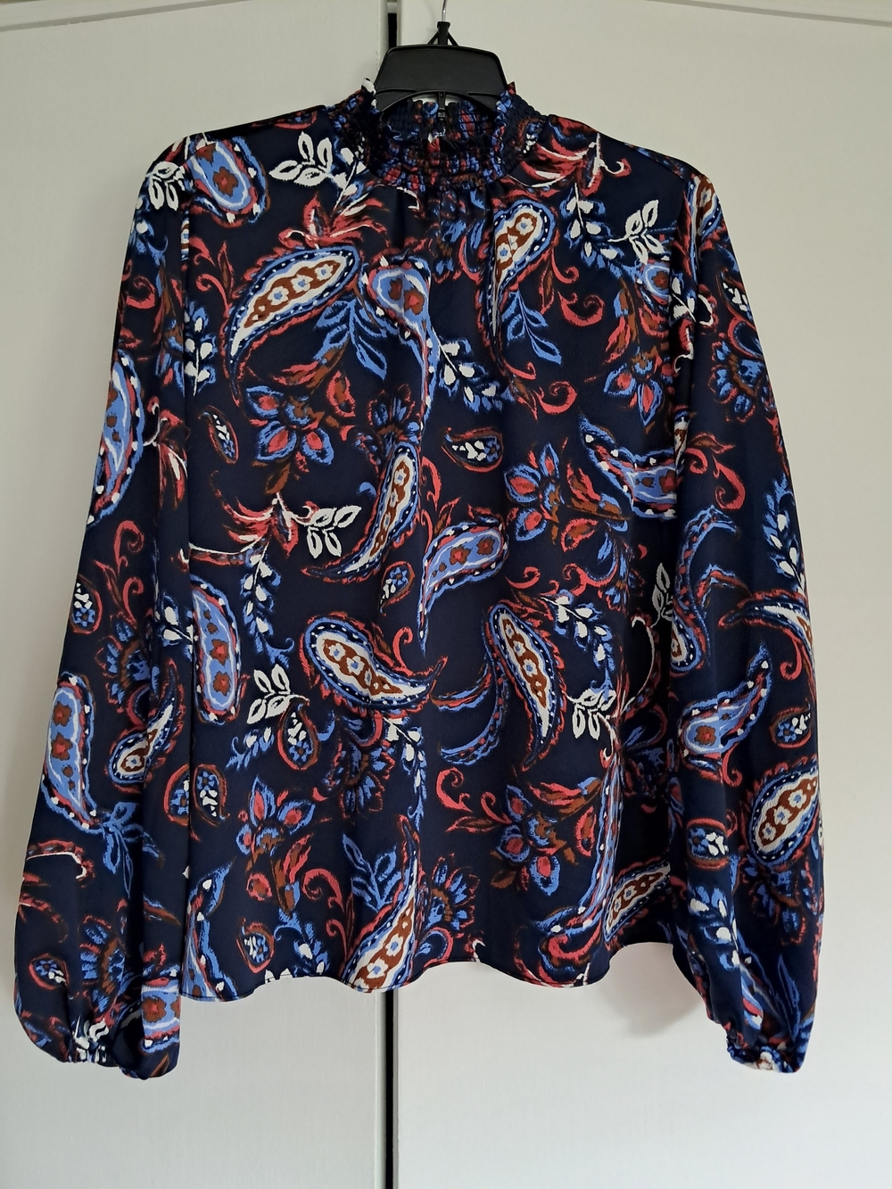 Ella Navy Paisley Mock-Neck Blouse with Blue & Red Accents
